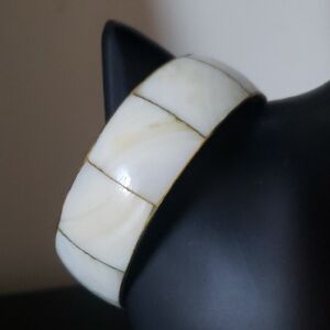 Abalone Mother of Pearl Wide Iridescent Brass Inlaid Bangle Bracelet